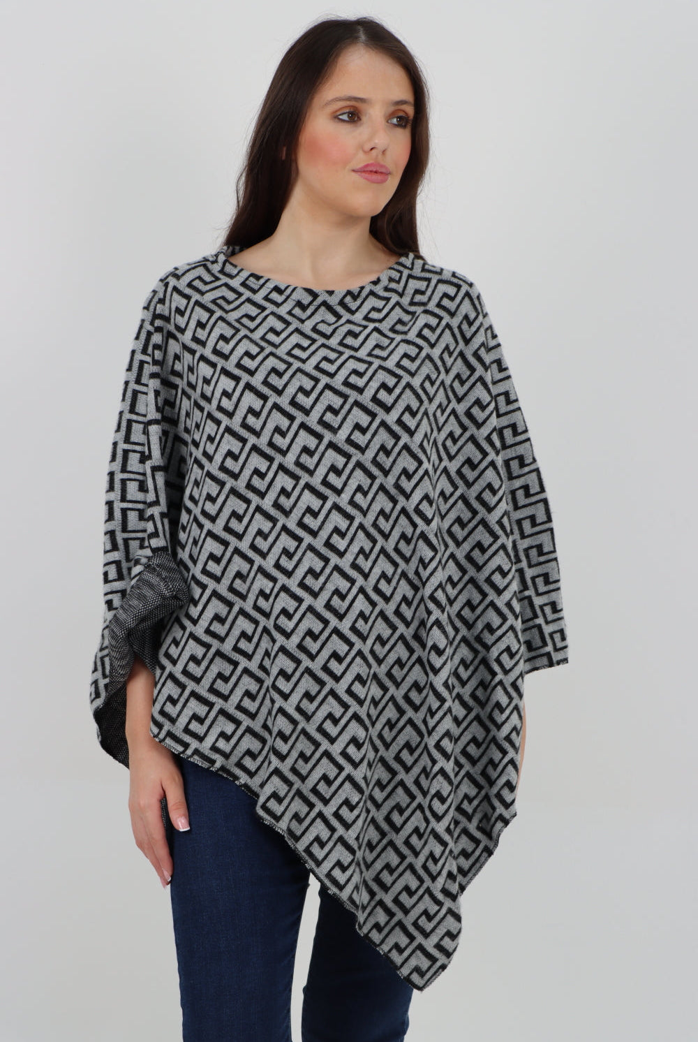 Italian Greek Key Print Asymmetric Poncho Jumper Top Jumpers WearAll