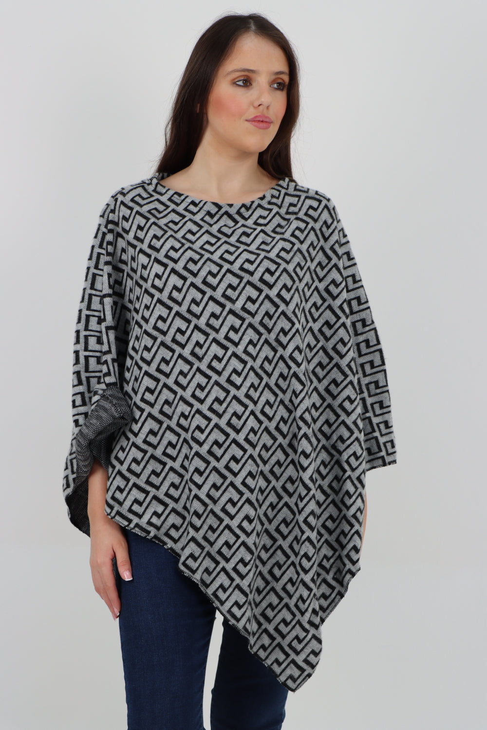 Italian Greek Key Print Asymmetric Poncho Jumper Top Jumpers WearAll