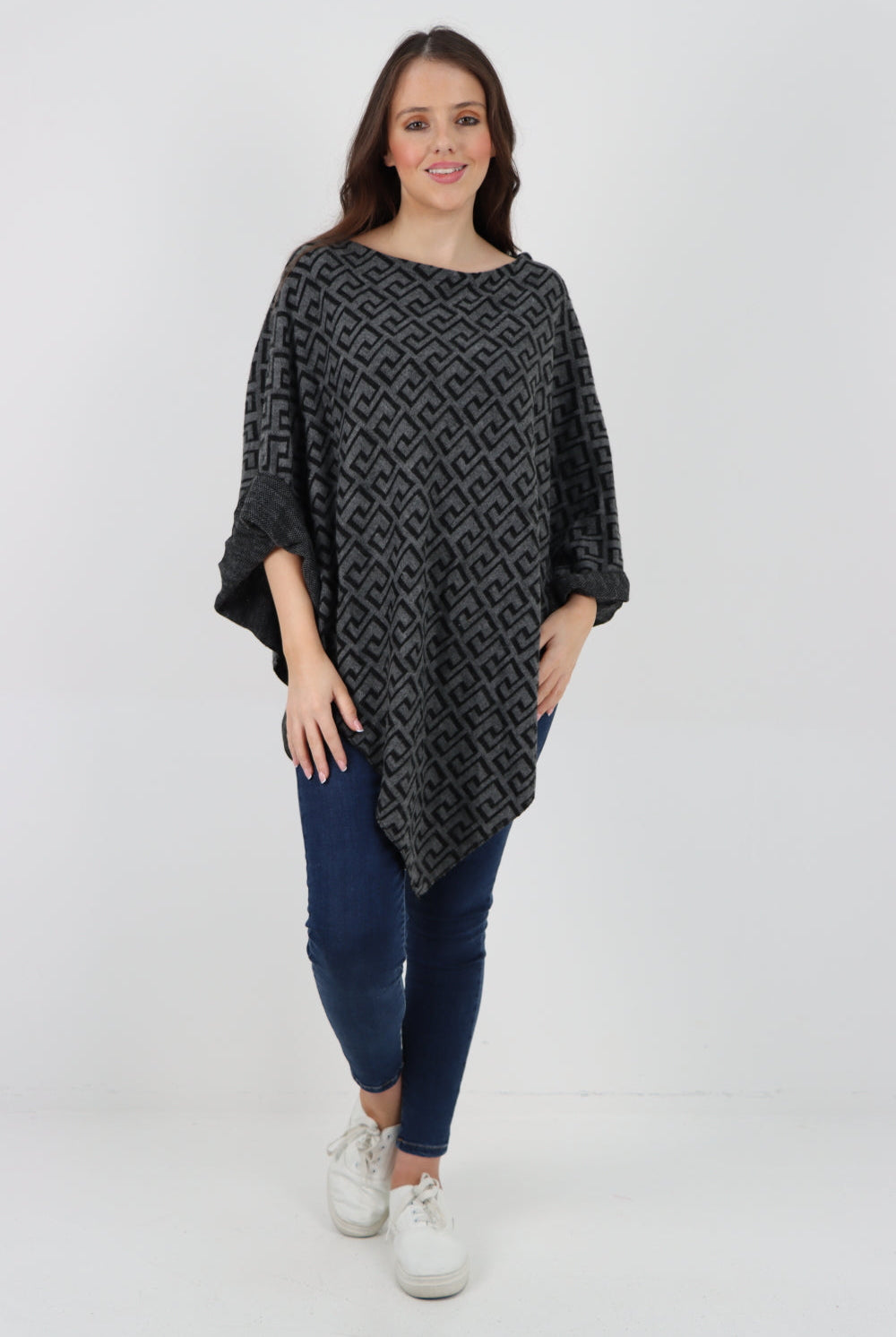 Italian Greek Key Print Asymmetric Poncho Jumper Top Jumpers WearAll Dark Grey One Size To Fit UK 8-18