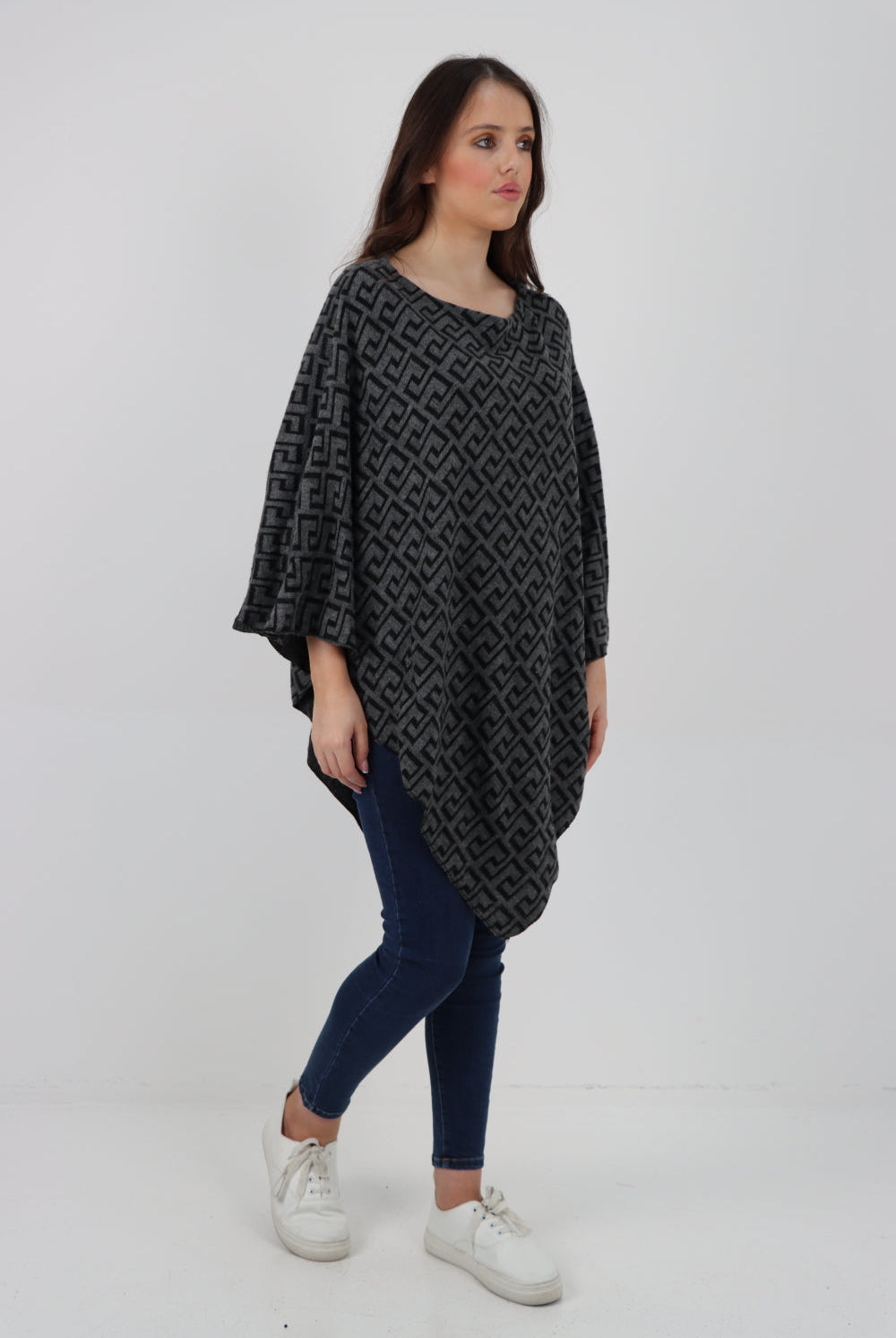 Italian Greek Key Print Asymmetric Poncho Jumper Top Jumpers WearAll