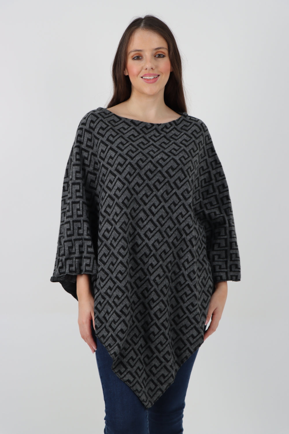 Italian Greek Key Print Asymmetric Poncho Jumper Top Jumpers WearAll