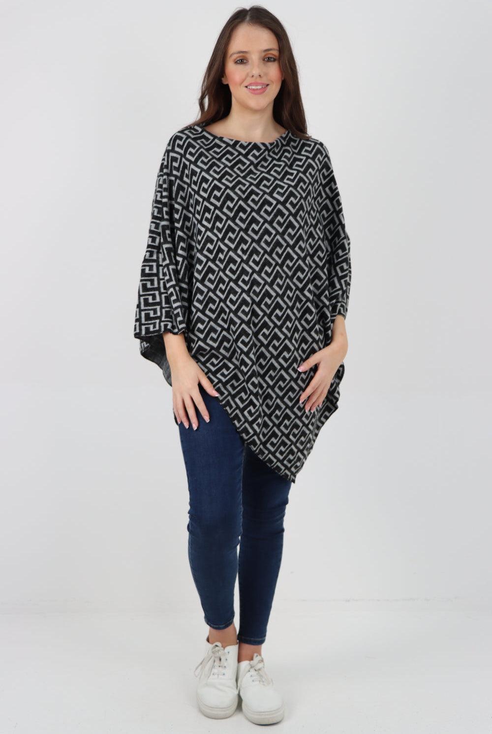 Italian Greek Key Print Asymmetric Poncho Jumper Top Jumpers WearAll