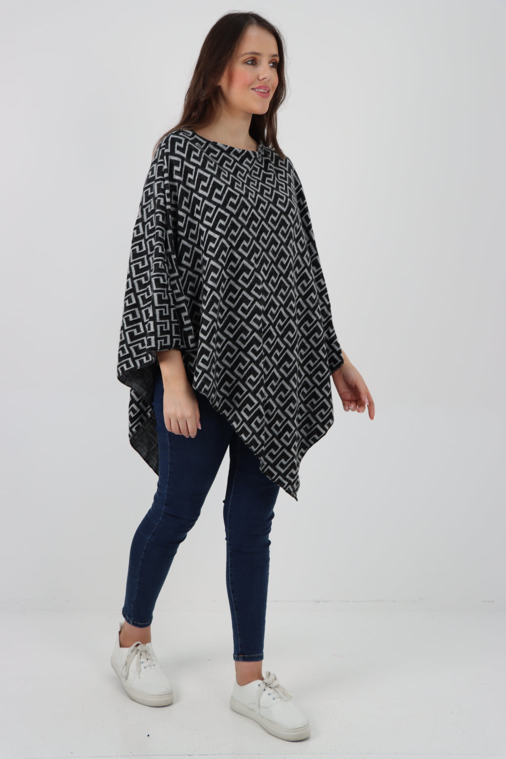 Italian Greek Key Print Asymmetric Poncho Jumper Top Jumpers WearAll