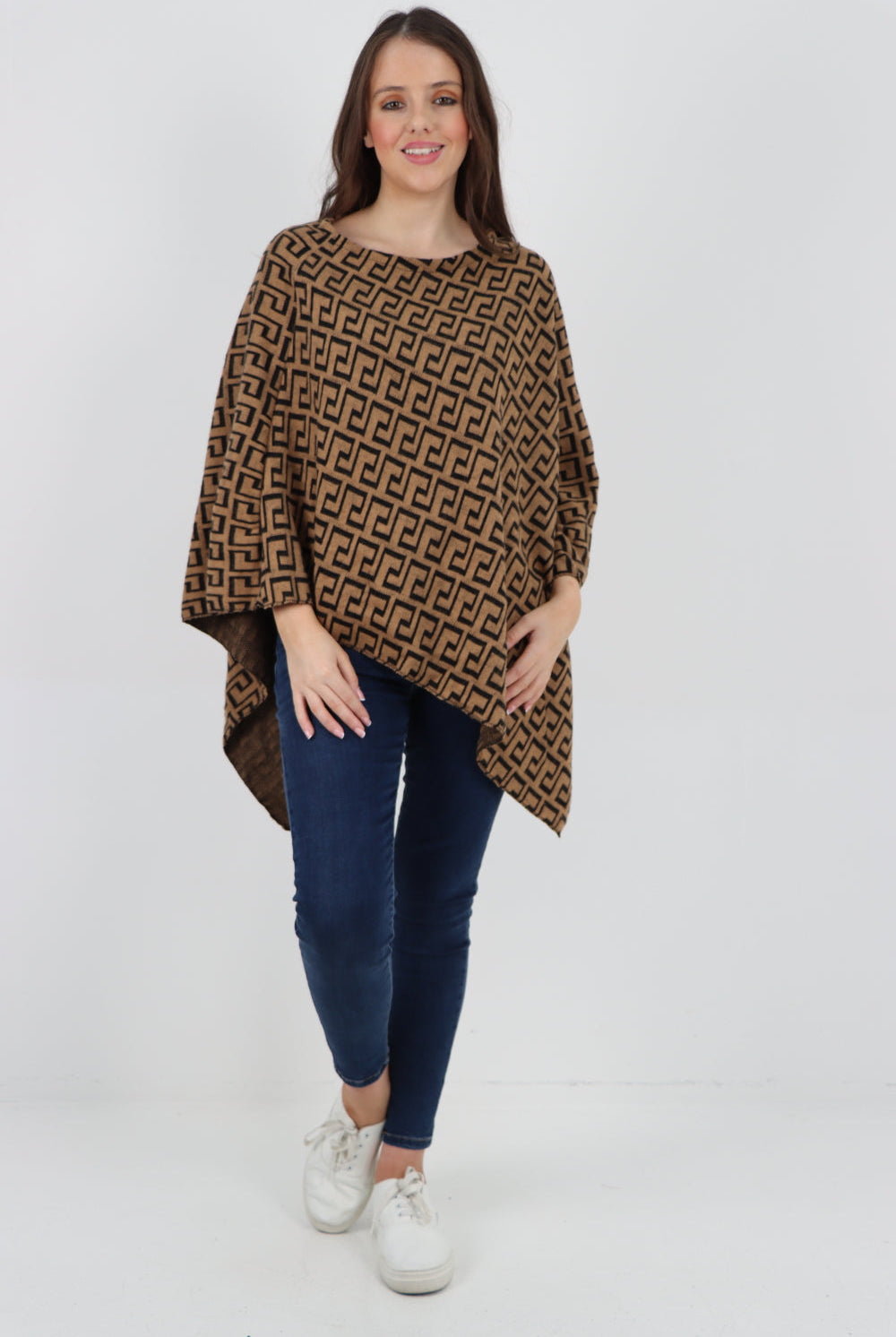 Italian Greek Key Print Asymmetric Poncho Jumper Top Jumpers WearAll Camel One Size To Fit UK 8-18