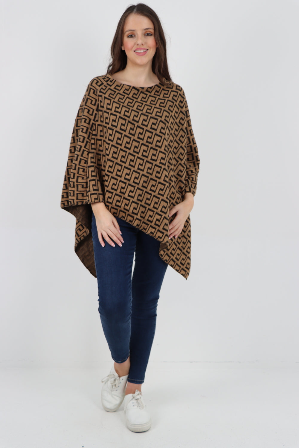Italian Greek Key Print Asymmetric Poncho Jumper Top Jumpers WearAll Camel One Size To Fit UK 8-18