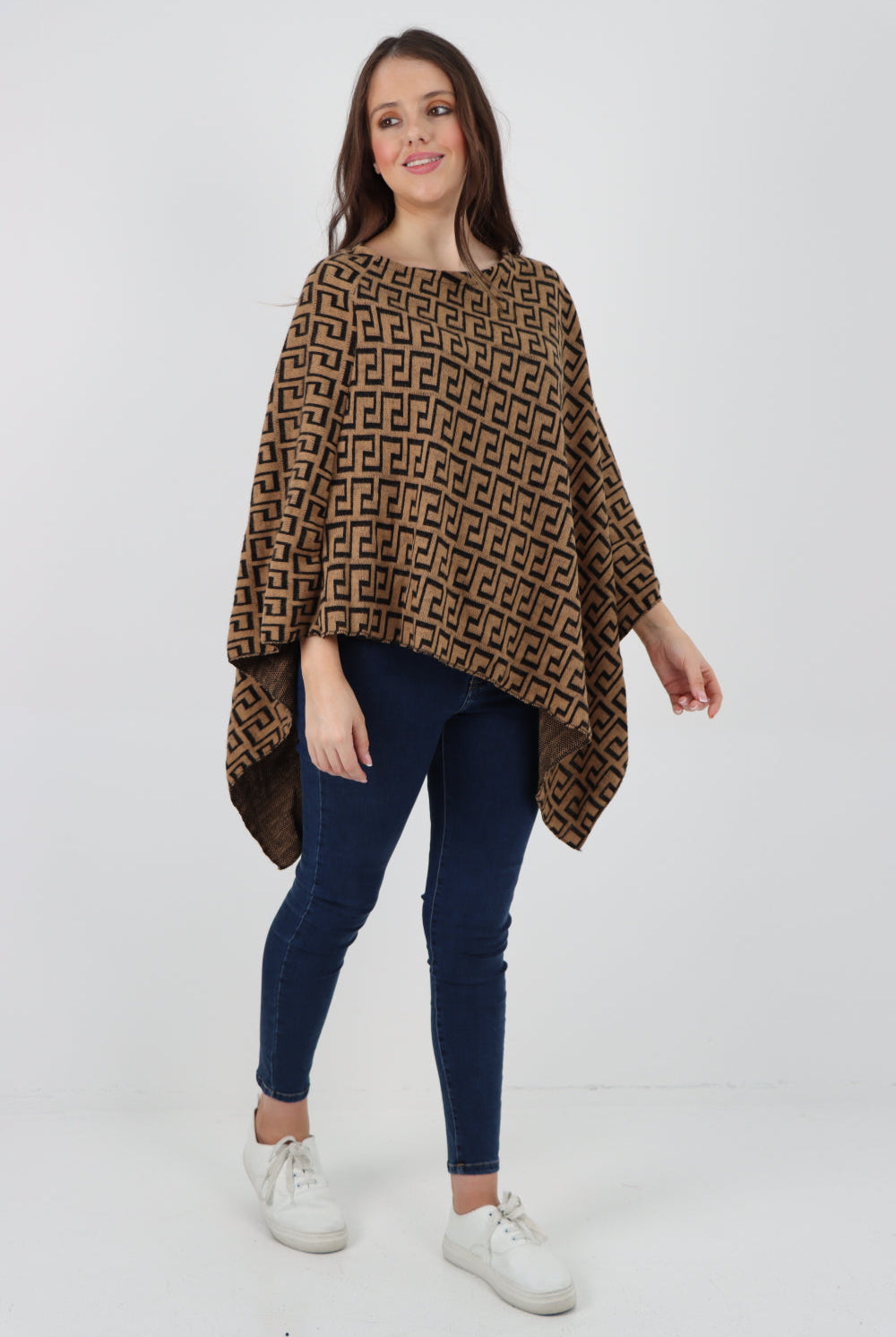 Italian Greek Key Print Asymmetric Poncho Jumper Top Jumpers WearAll