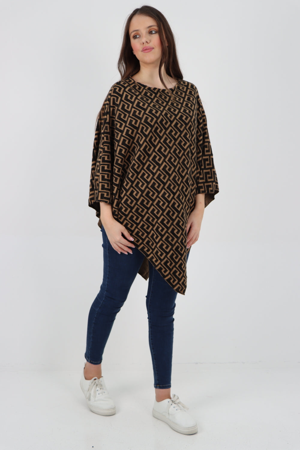 Italian Greek Key Print Asymmetric Poncho Jumper Top Jumpers WearAll