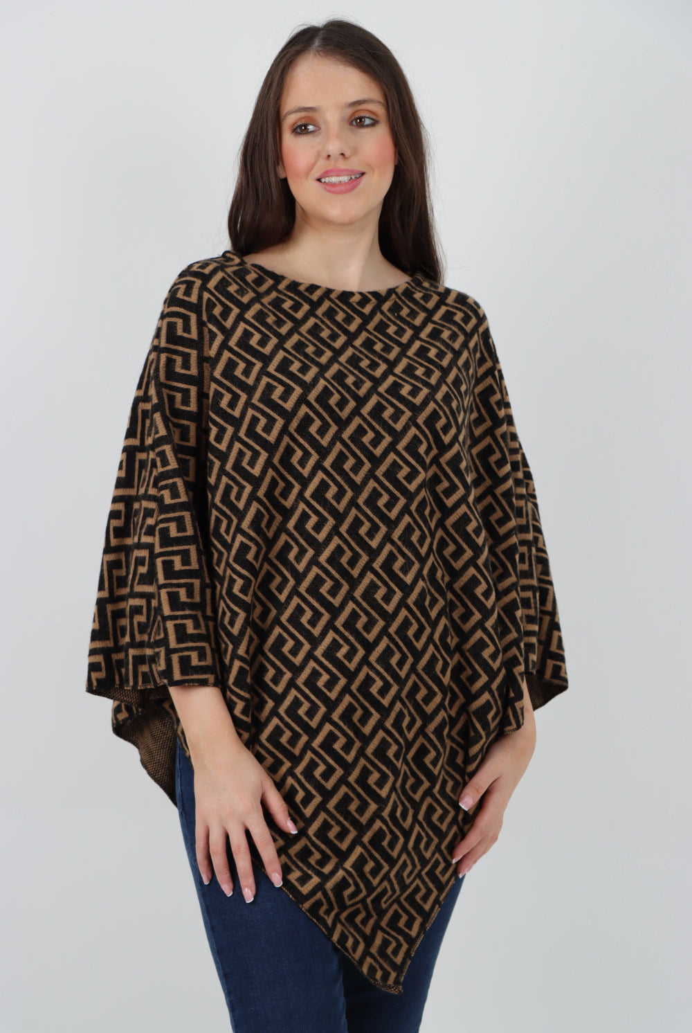 Italian Greek Key Print Asymmetric Poncho Jumper Top Jumpers WearAll