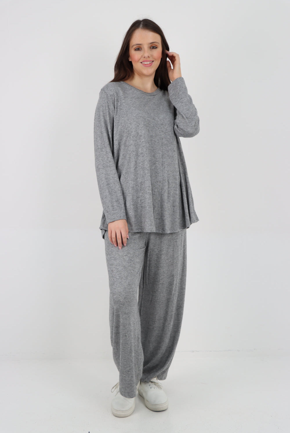 Italian Basic Knitted Plain Soft Top & Trouser Co - Ord Set Co-Ords WearAll Light Grey One Size To Fit UK 8-16
