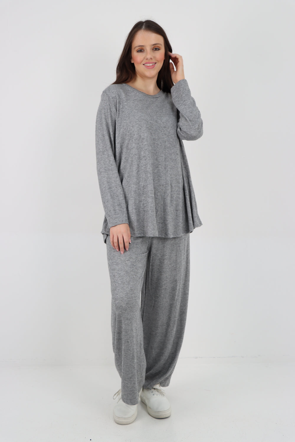 Italian Basic Knitted Plain Soft Top & Trouser Co - Ord Set Co-Ords WearAll Light Grey One Size To Fit UK 8-16