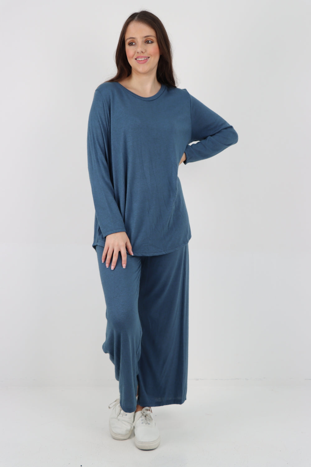 Italian Basic Knitted Plain Soft Top & Trouser Co - Ord Set Co-Ords WearAll Denim One Size To Fit UK 8-16