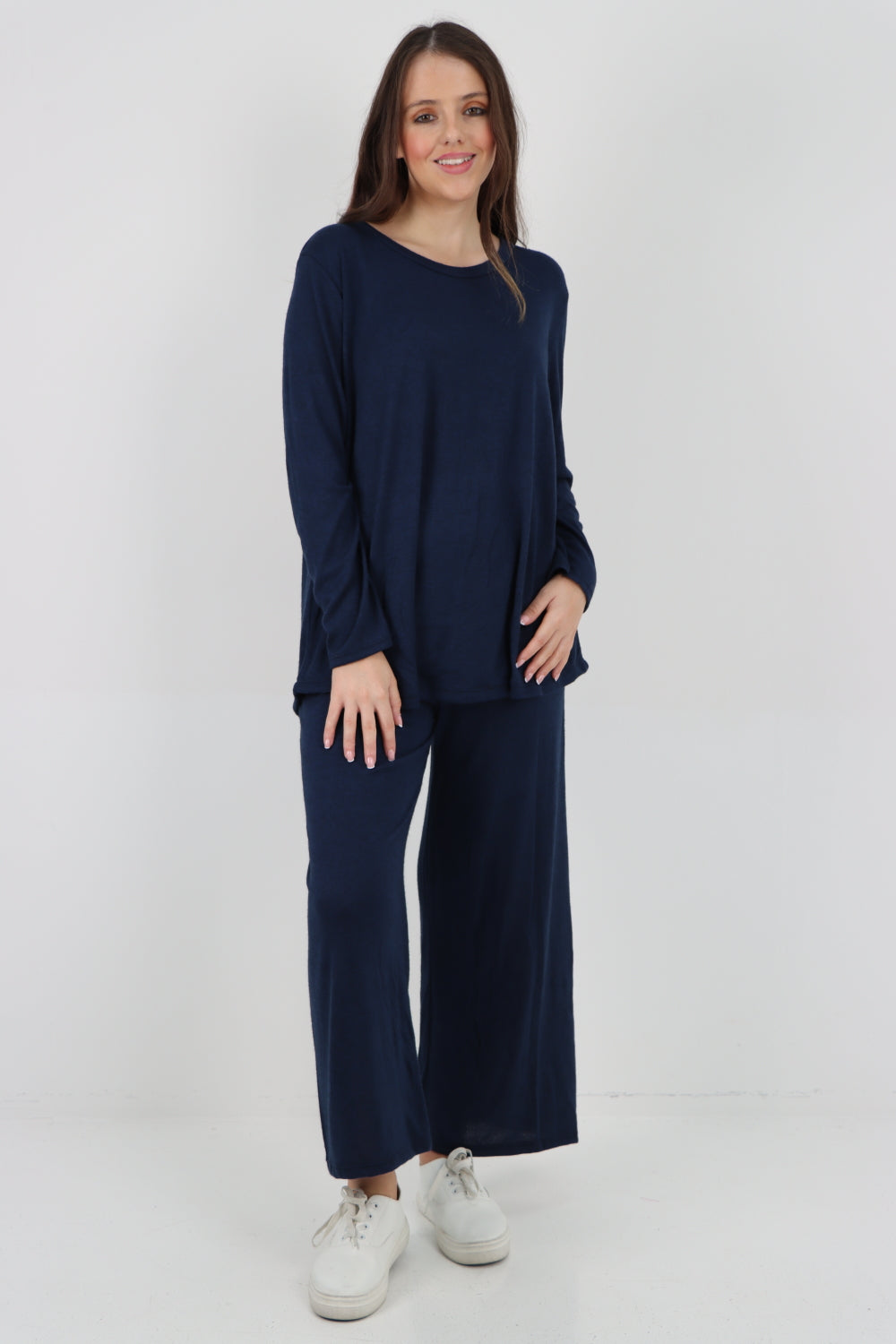 Italian Basic Knitted Plain Soft Top & Trouser Co - Ord Set Co-Ords WearAll Navy One Size To Fit UK 8-16