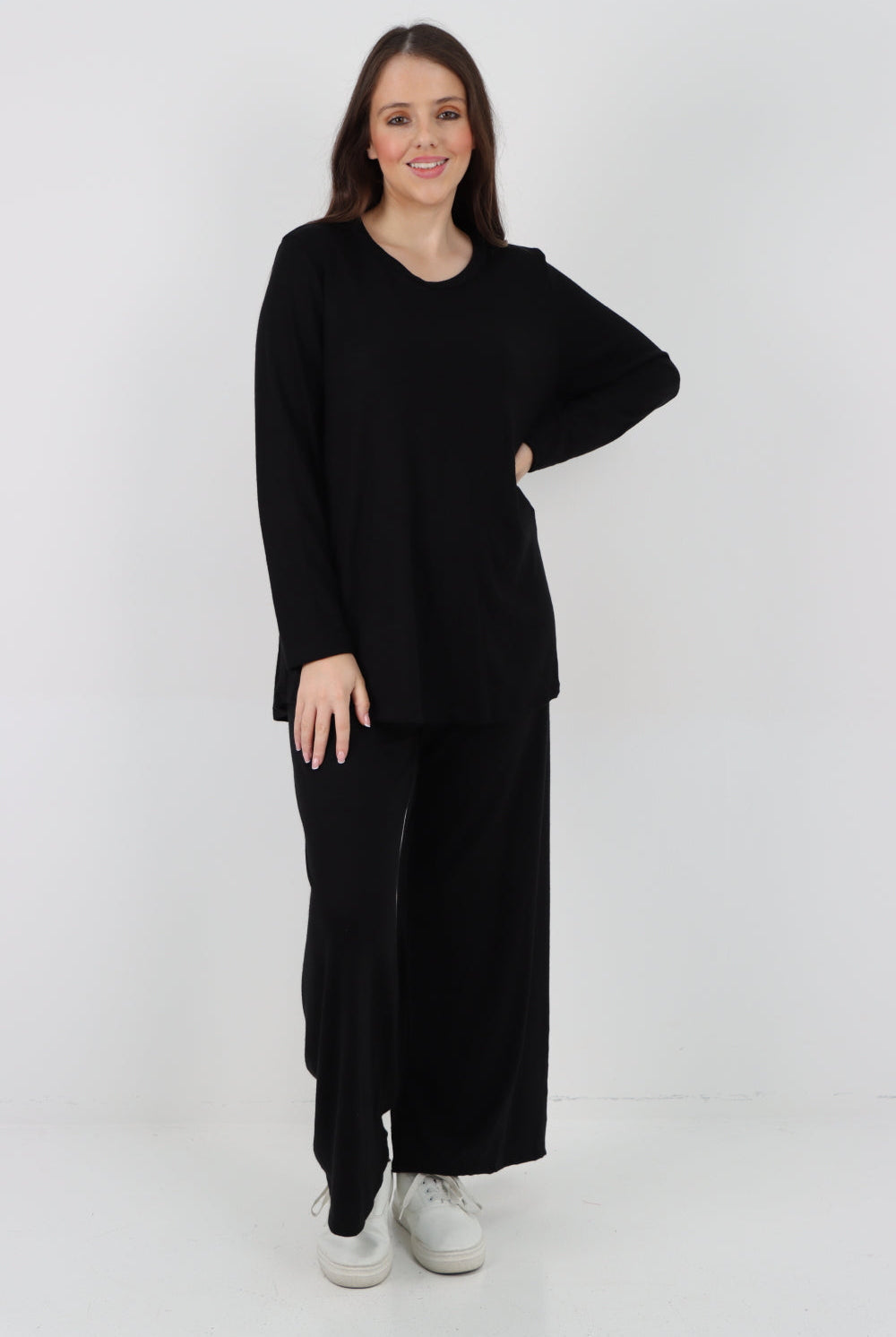 Italian Basic Knitted Plain Soft Top & Trouser Co - Ord Set Co-Ords WearAll Black One Size To Fit UK 8-16
