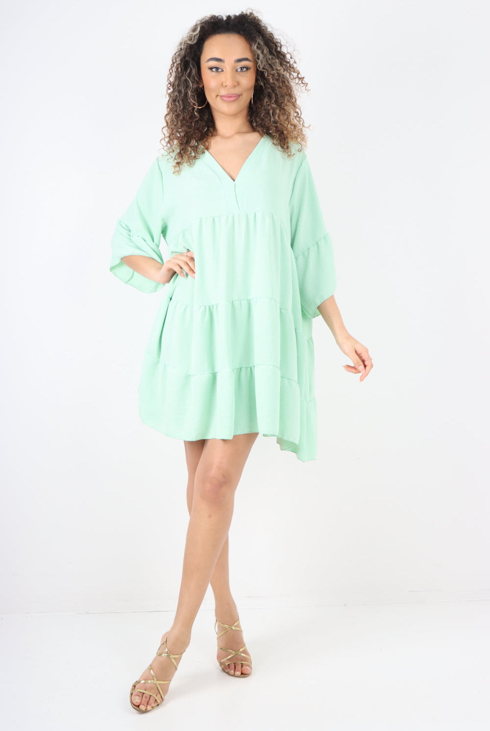 Italian Deep V - Neck Tiered Short Sleeve Smock Dress Smock Dress WearAll