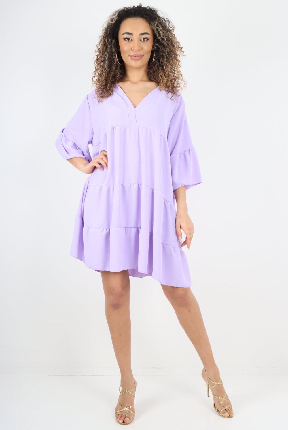 Italian Deep V - Neck Tiered Short Sleeve Smock Dress Smock Dress WearAll