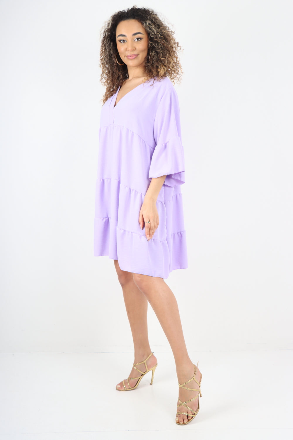 Italian Deep V - Neck Tiered Short Sleeve Smock Dress Smock Dress WearAll