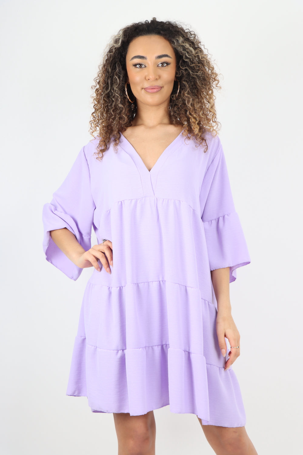 Italian Deep V - Neck Tiered Short Sleeve Smock Dress Smock Dress WearAll
