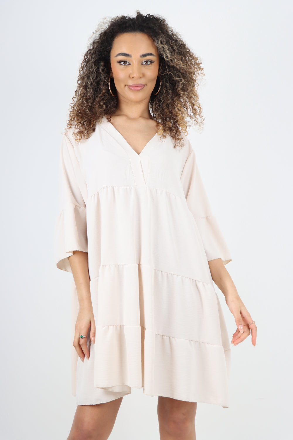 Italian Deep V - Neck Tiered Short Sleeve Smock Dress Smock Dress WearAll