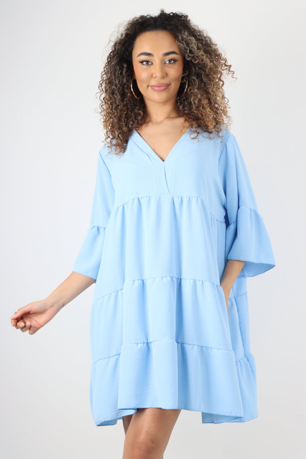 Italian Deep V - Neck Tiered Short Sleeve Smock Dress Smock Dress WearAll