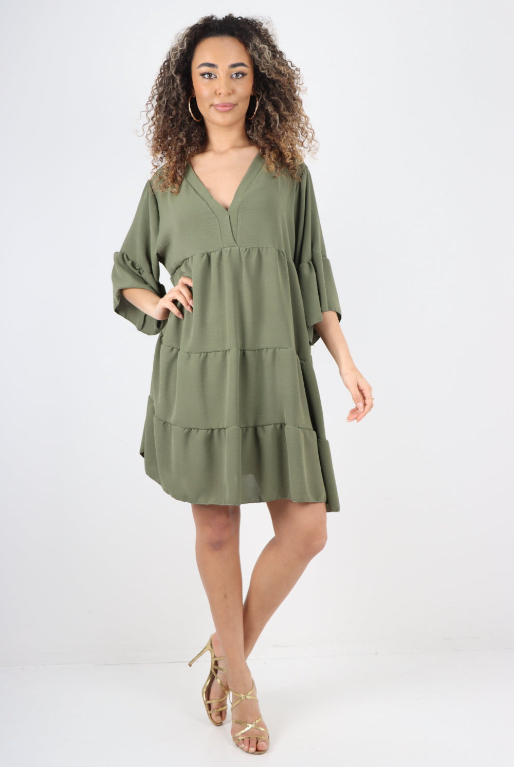 Italian Deep V - Neck Tiered Short Sleeve Smock Dress Smock Dress WearAll