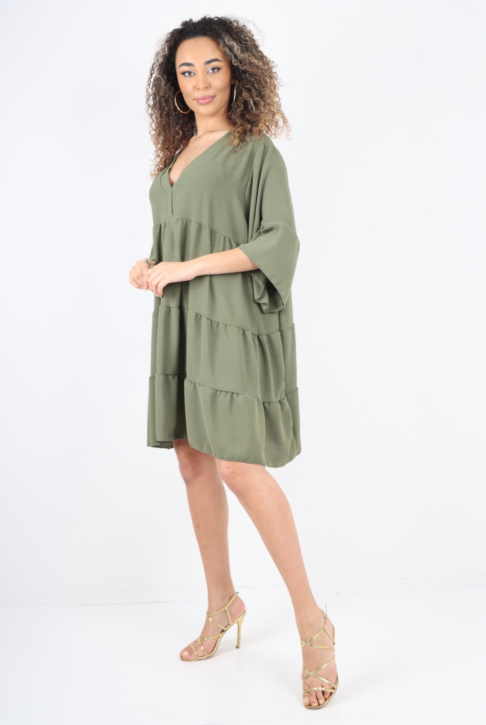 Italian Deep V - Neck Tiered Short Sleeve Smock Dress Smock Dress WearAll