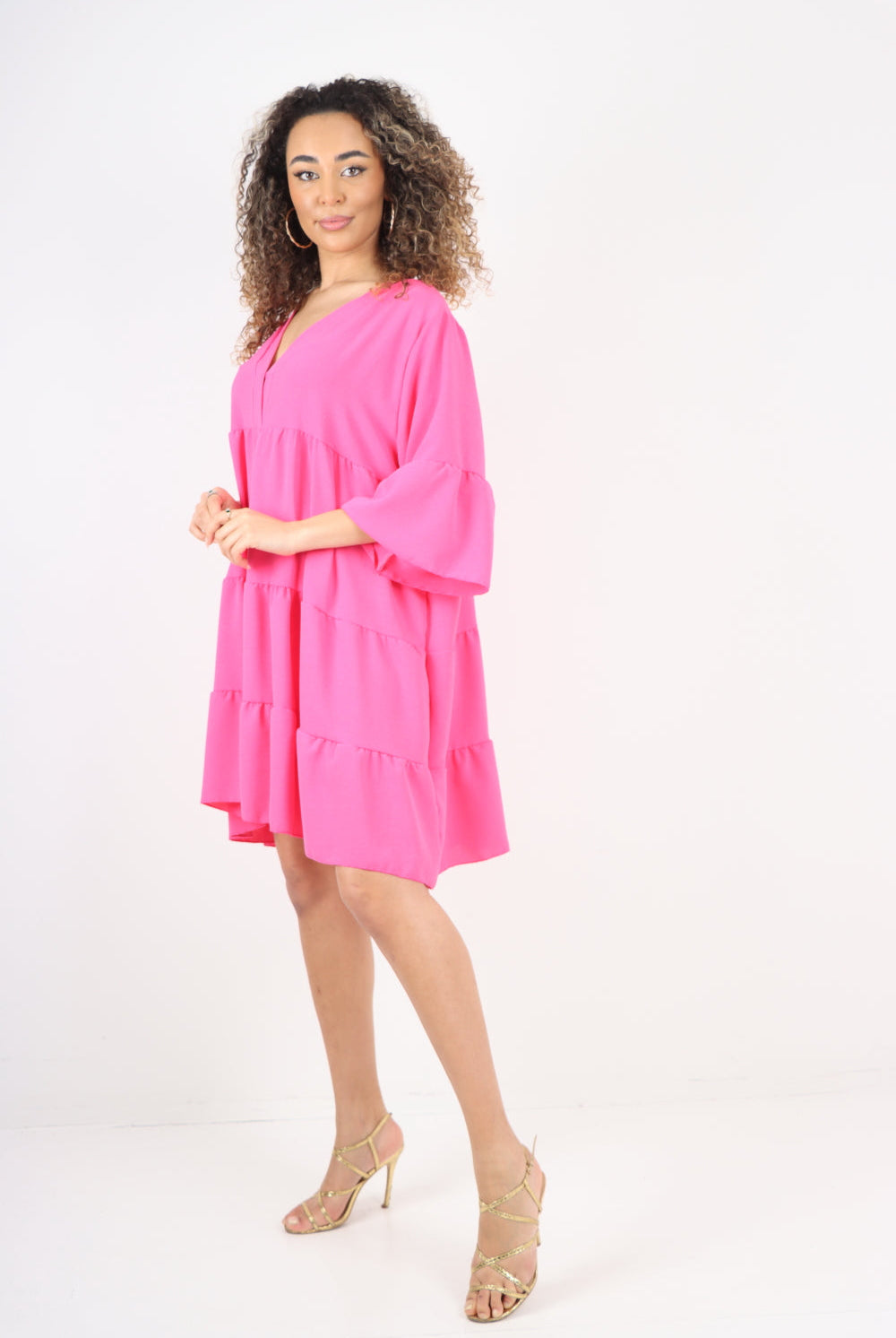 Italian Deep V - Neck Tiered Short Sleeve Smock Dress Smock Dress WearAll