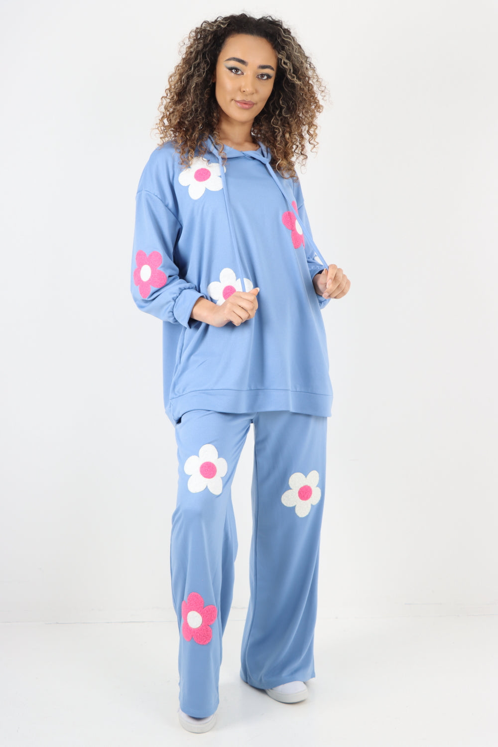 italian ditsy floral print hooded co ord set Co-Ord Suit Set WearAll Sky Blue One Size To Fit UK 8-18