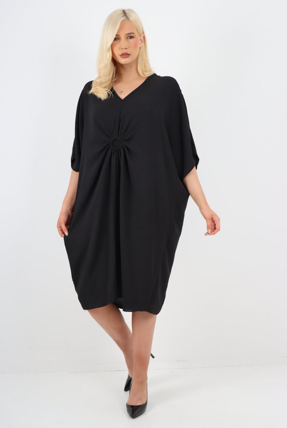 Italian Oversized V Neck Ring Detail Kaftan Dress Dresses WearAll Black One Size Fits UK (10-22)