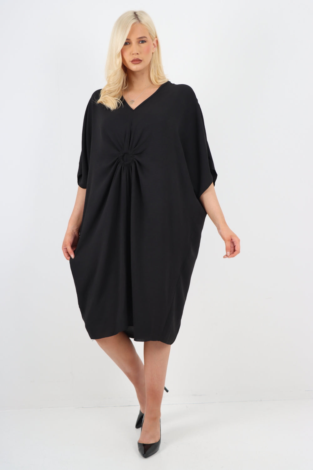 Italian Oversized V Neck Ring Detail Kaftan Dress Dresses WearAll Black One Size Fits UK (10-22)