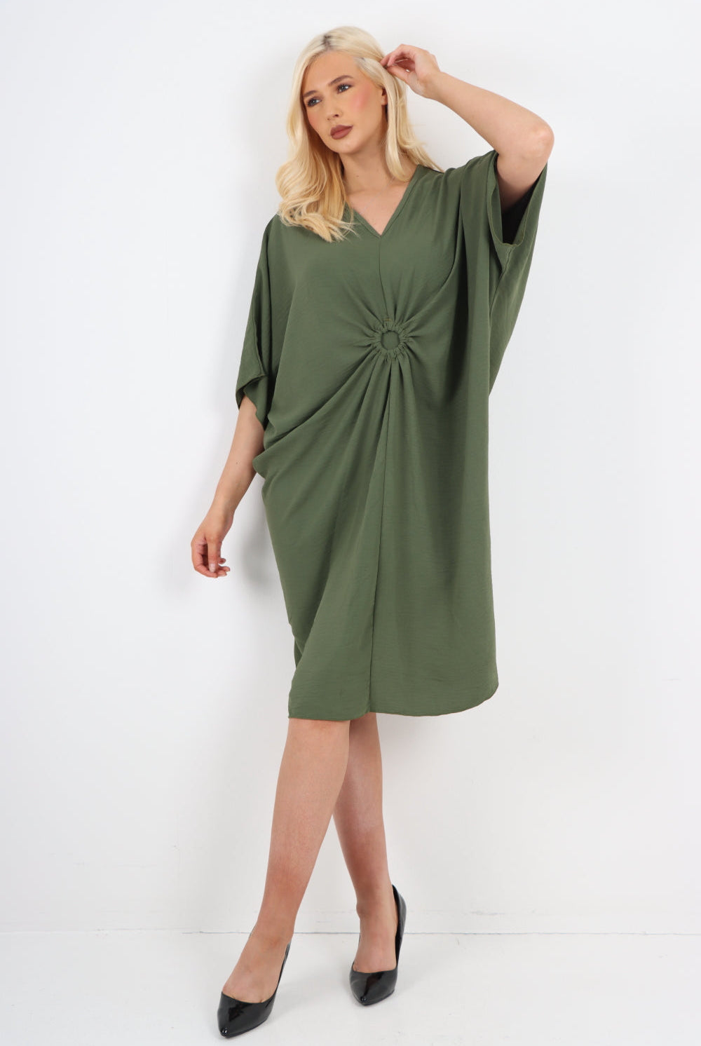Italian Oversized V Neck Ring Detail Kaftan Dress Dresses WearAll Khaki One Size Fits UK (10-22)