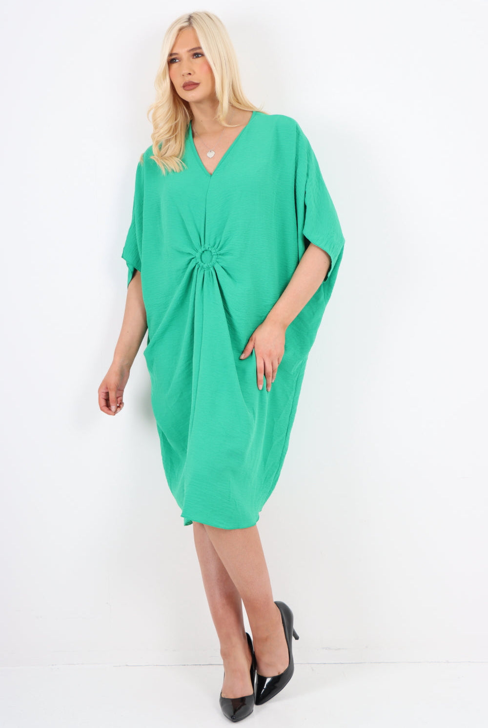 Italian Oversized V Neck Ring Detail Kaftan Dress Dresses WearAll Jade Green One Size Fits UK (10-22)
