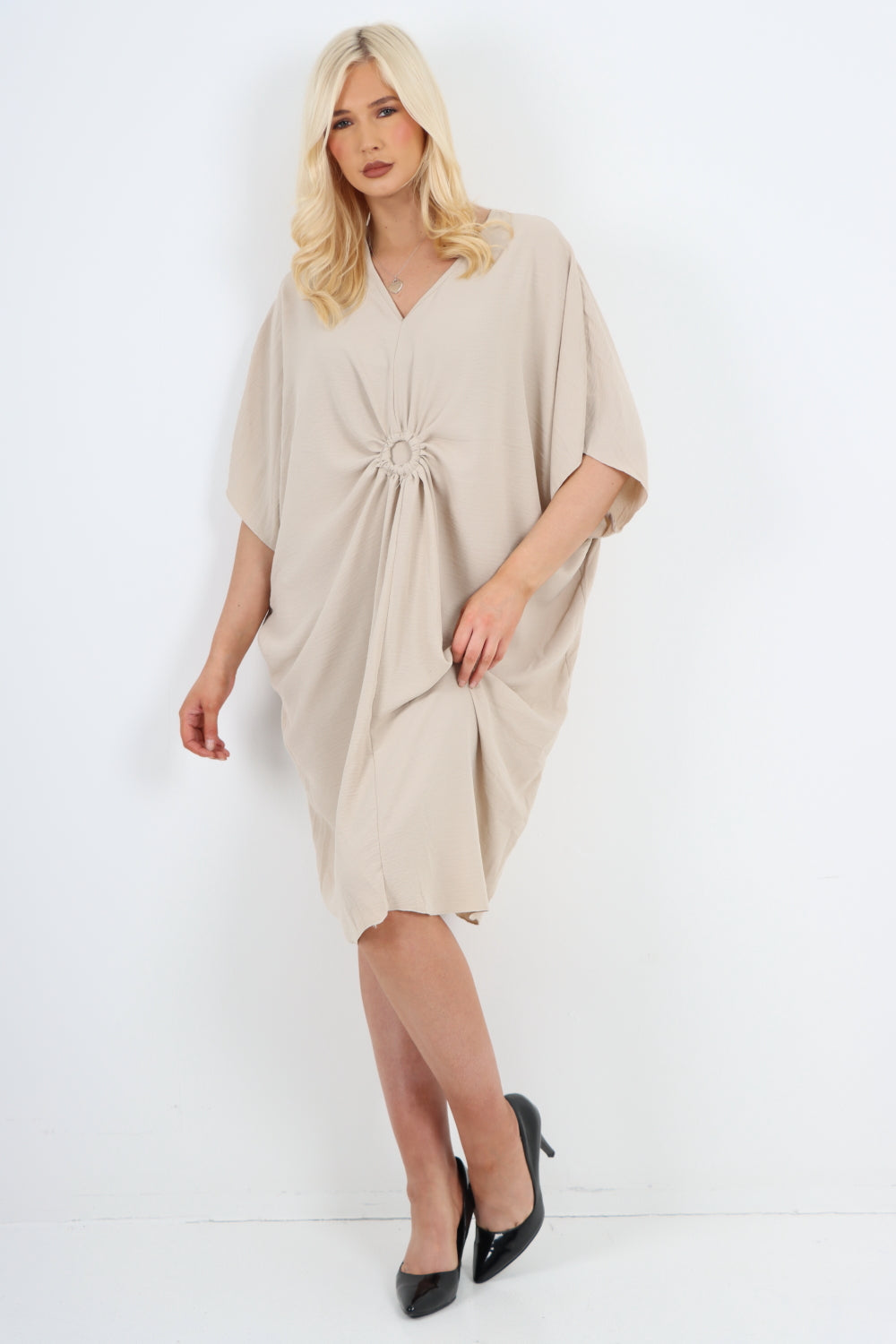 Italian Oversized V Neck Ring Detail Kaftan Dress Dresses WearAll Stone One Size Fits UK (10-22)