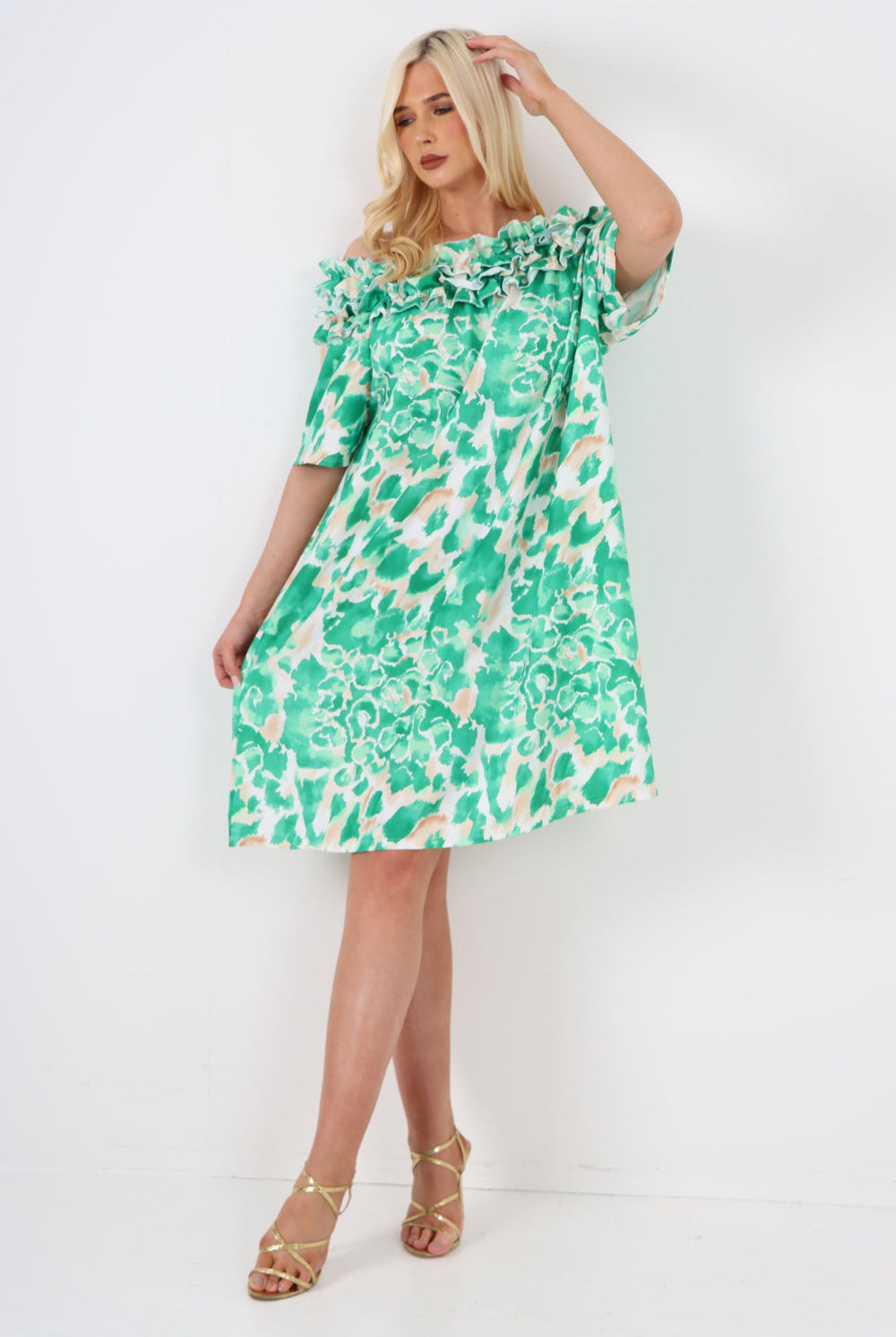 italian off the shoulder animal print short sleeve mini dress Mini Dress WearAll Green One Size To Fit UK 8-20