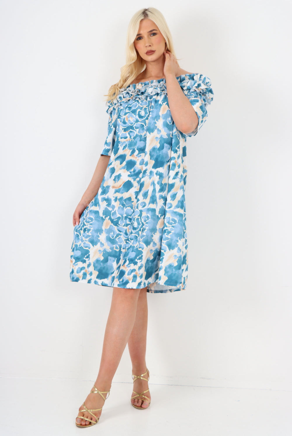 italian off the shoulder animal print short sleeve mini dress Mini Dress WearAll Denim One Size To Fit UK 8-20