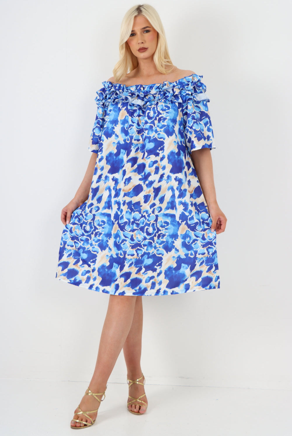 italian off the shoulder animal print short sleeve mini dress Mini Dress WearAll Royal Blue One Size To Fit UK 8-20