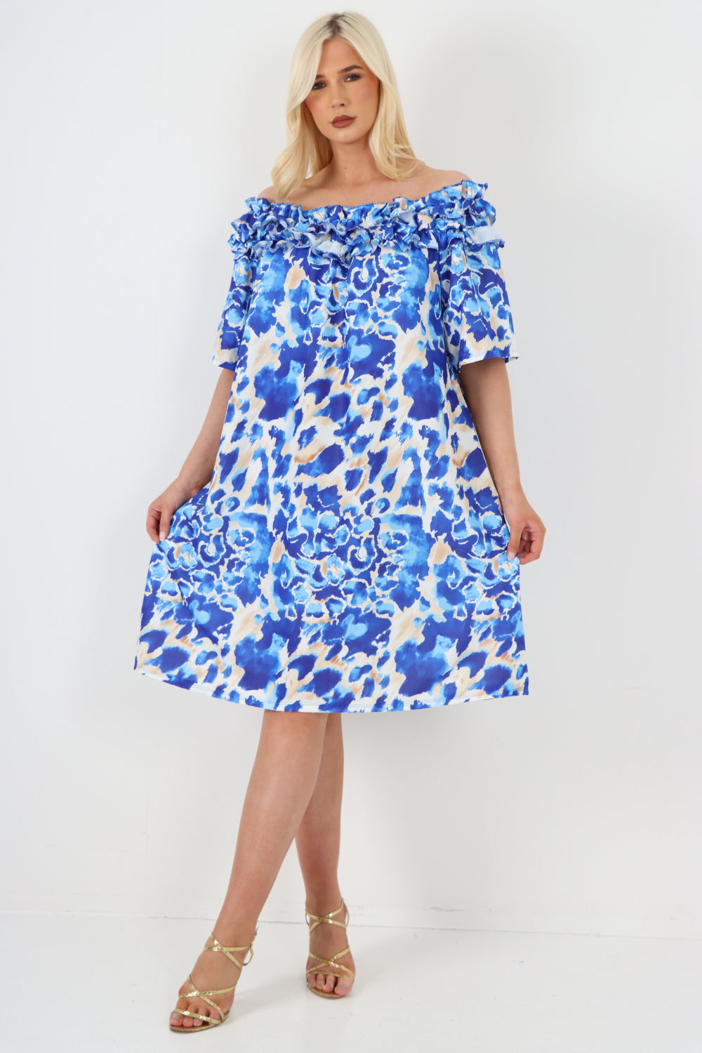 italian off the shoulder animal print short sleeve mini dress Mini Dress WearAll Royal Blue One Size To Fit UK 8-20