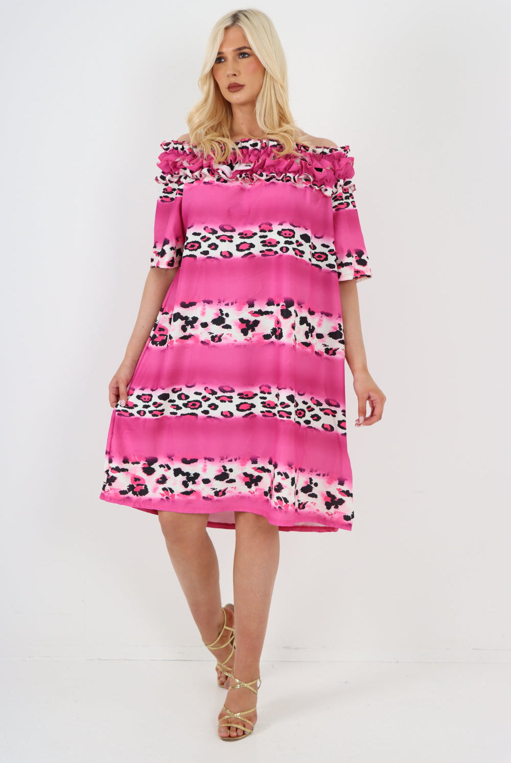 italian off the shoulder leopard printed short sleeve mini dress Mini Dress WearAll