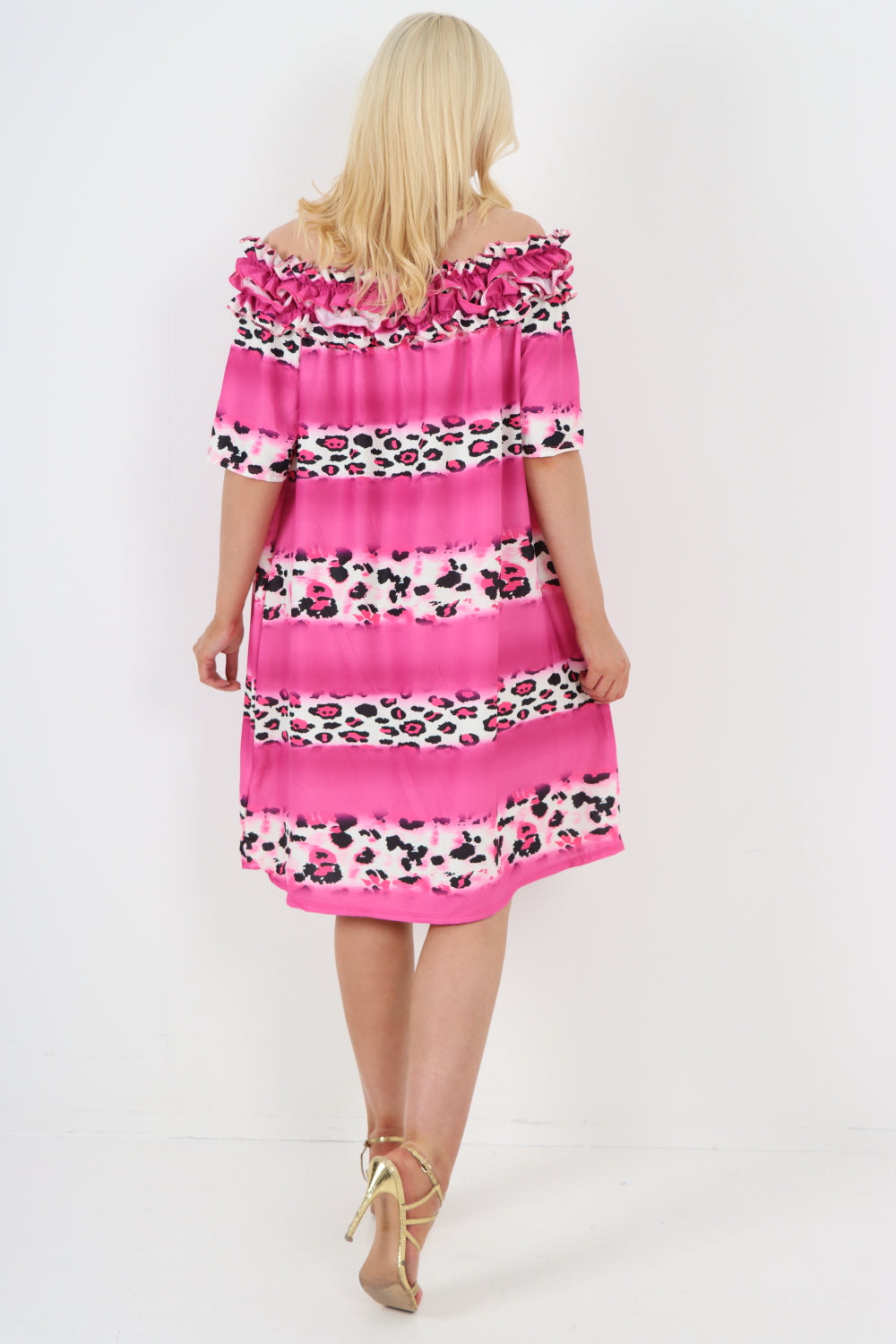 italian off the shoulder leopard printed short sleeve mini dress Mini Dress WearAll