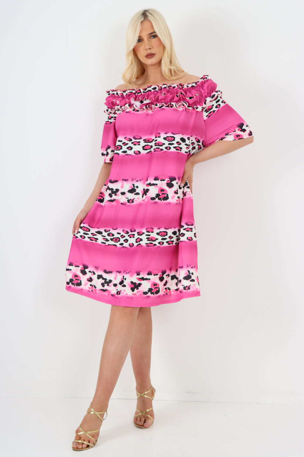 italian off the shoulder leopard printed short sleeve mini dress Mini Dress WearAll Fuchsia One Size To Fit UK 8-20