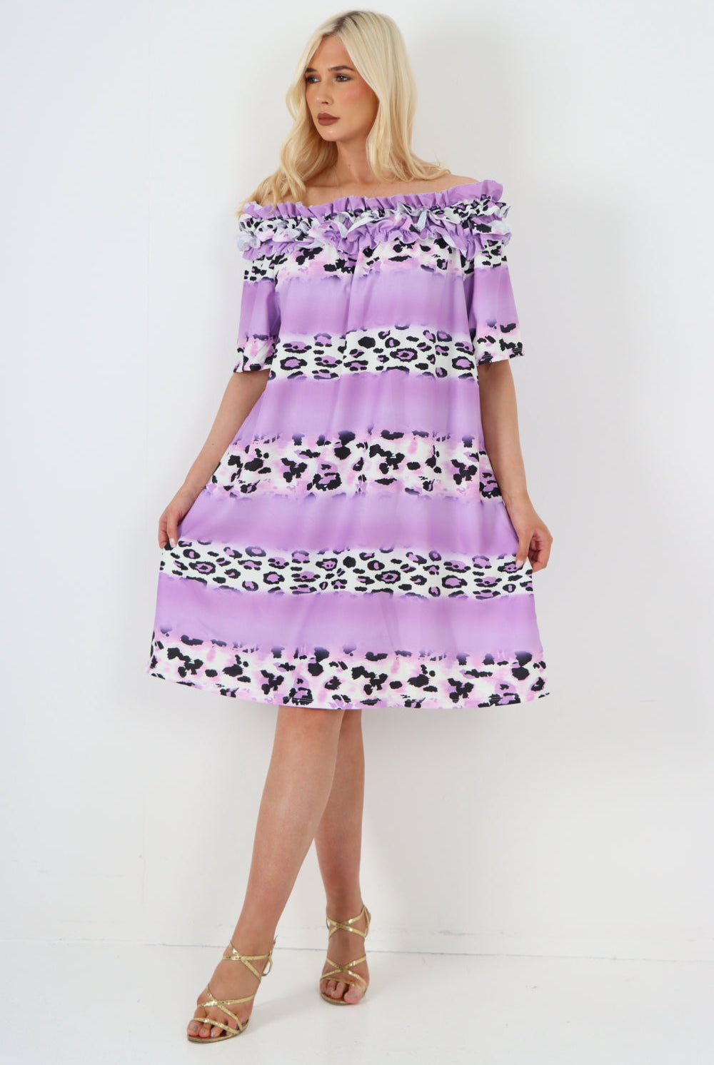 italian off the shoulder leopard printed short sleeve mini dress Mini Dress WearAll Lilac One Size To Fit UK 8-20