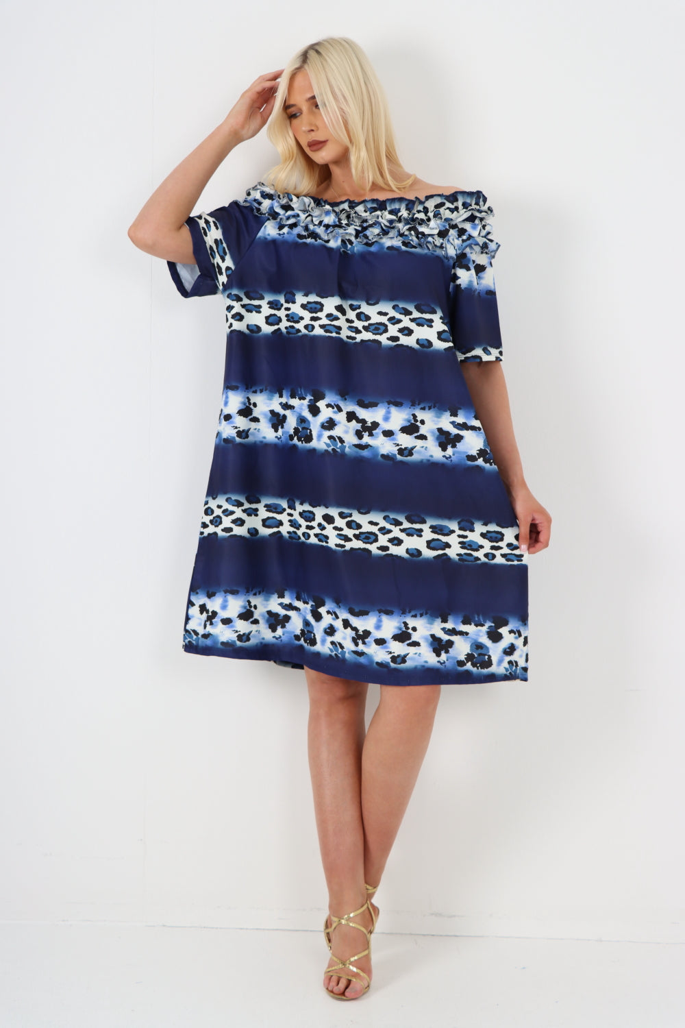 italian off the shoulder leopard printed short sleeve mini dress Mini Dress WearAll Navy One Size To Fit UK 8-20