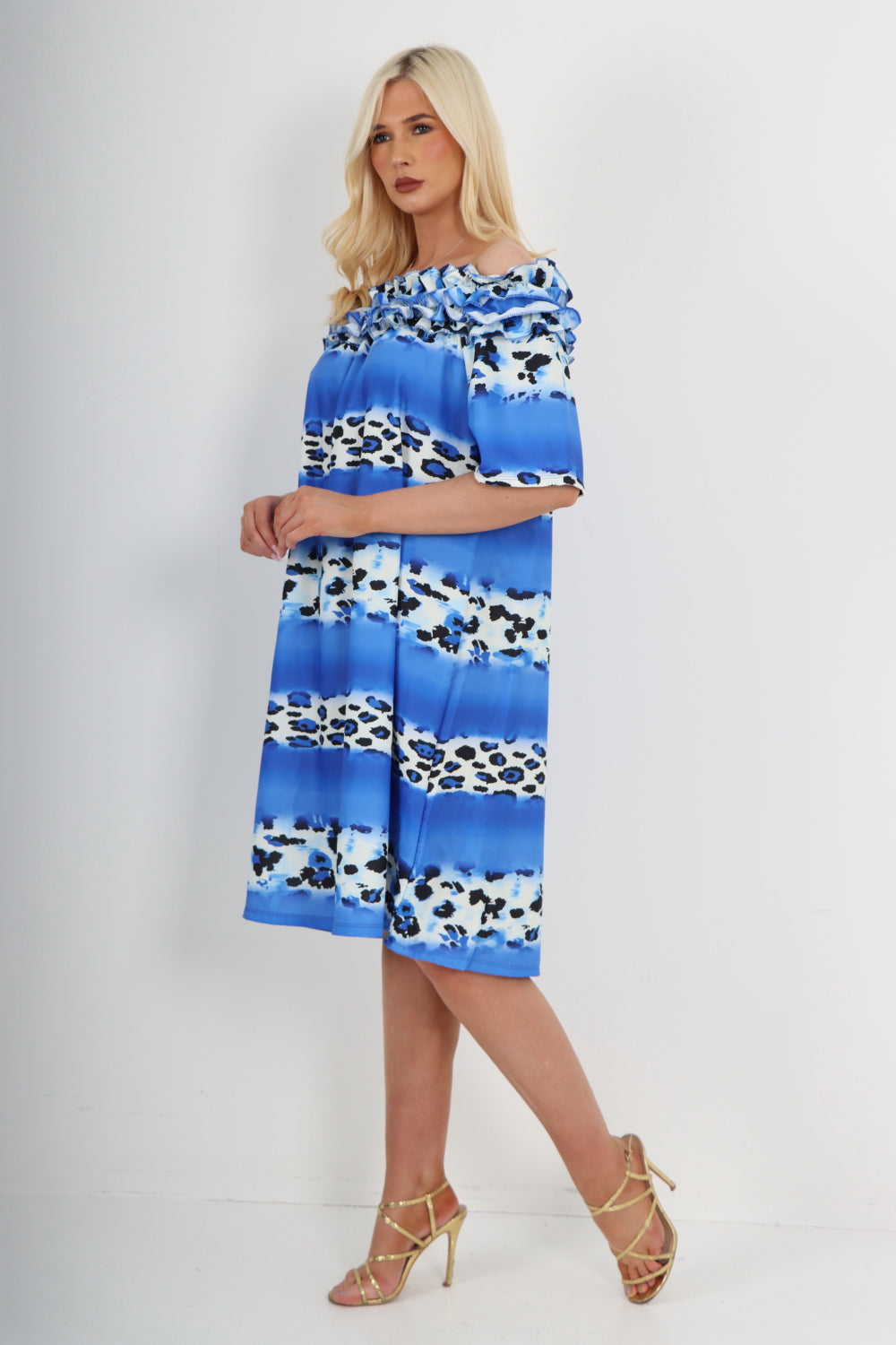 italian off the shoulder leopard printed short sleeve mini dress Mini Dress WearAll