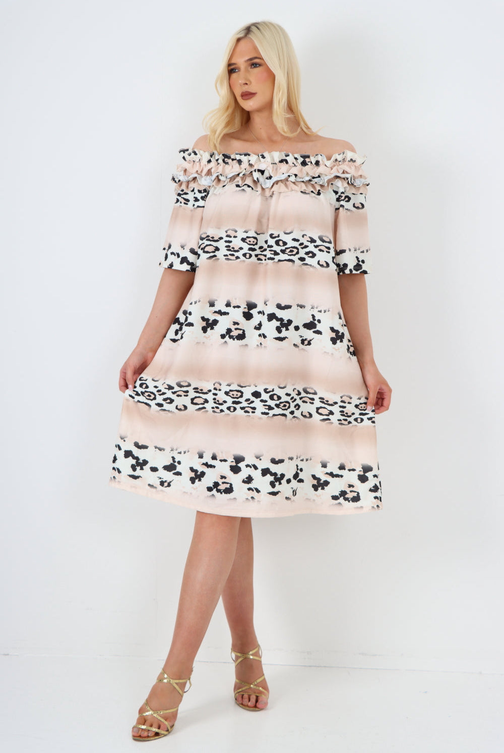 italian off the shoulder leopard printed short sleeve mini dress Mini Dress WearAll Beige One Size To Fit UK 8-20