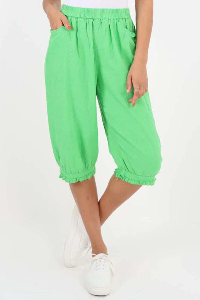 Italian Frill Hem 3/4 Linen Jogger Trouser WearAll Lime Green 8