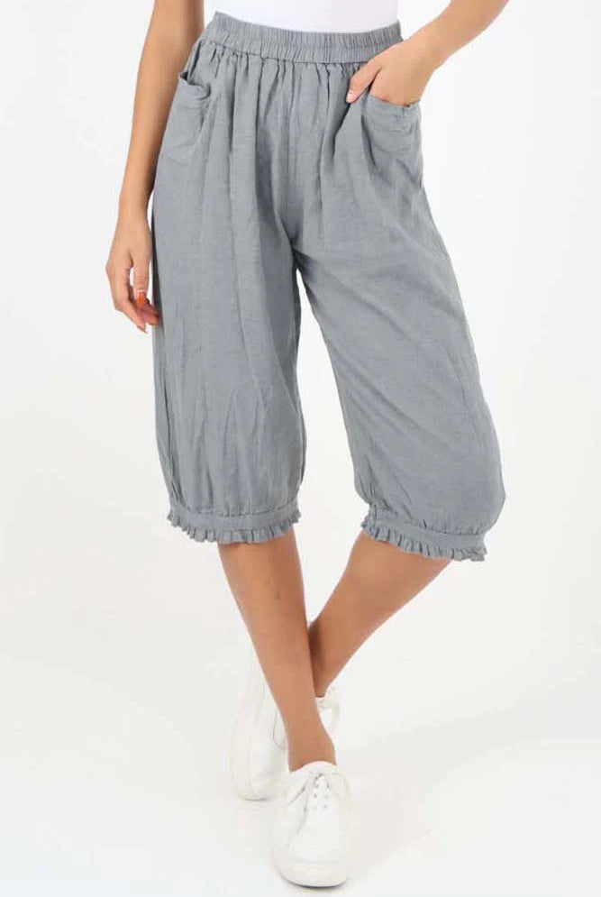 Italian Frill Hem 3/4 Linen Jogger Trouser WearAll Grey 8