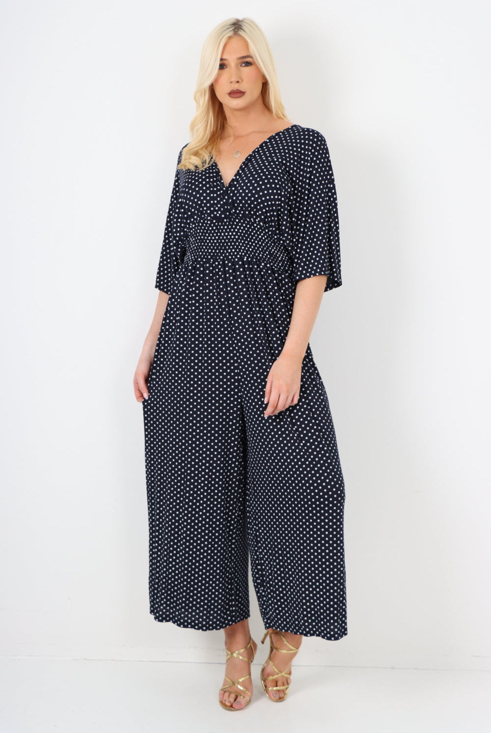 italian polka dot print shirred elasticated waist v neck jumpsuit Jumpsuits & Rompers WearAll Navy One Size To Fit UK 8-18