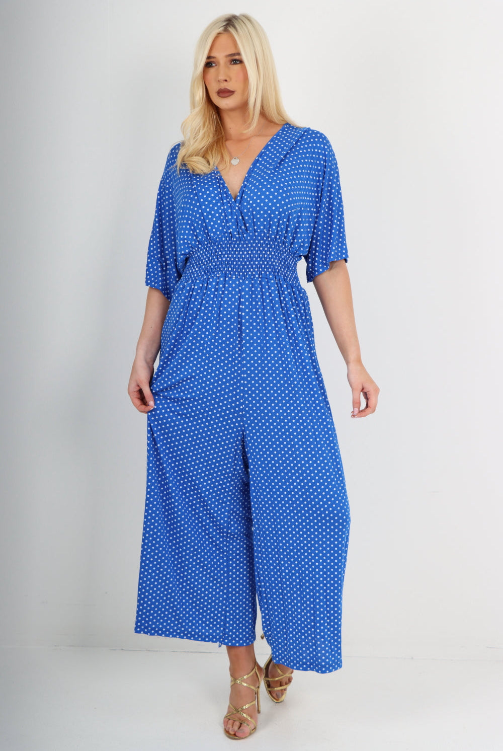 italian polka dot print shirred elasticated waist v neck jumpsuit Jumpsuits & Rompers WearAll