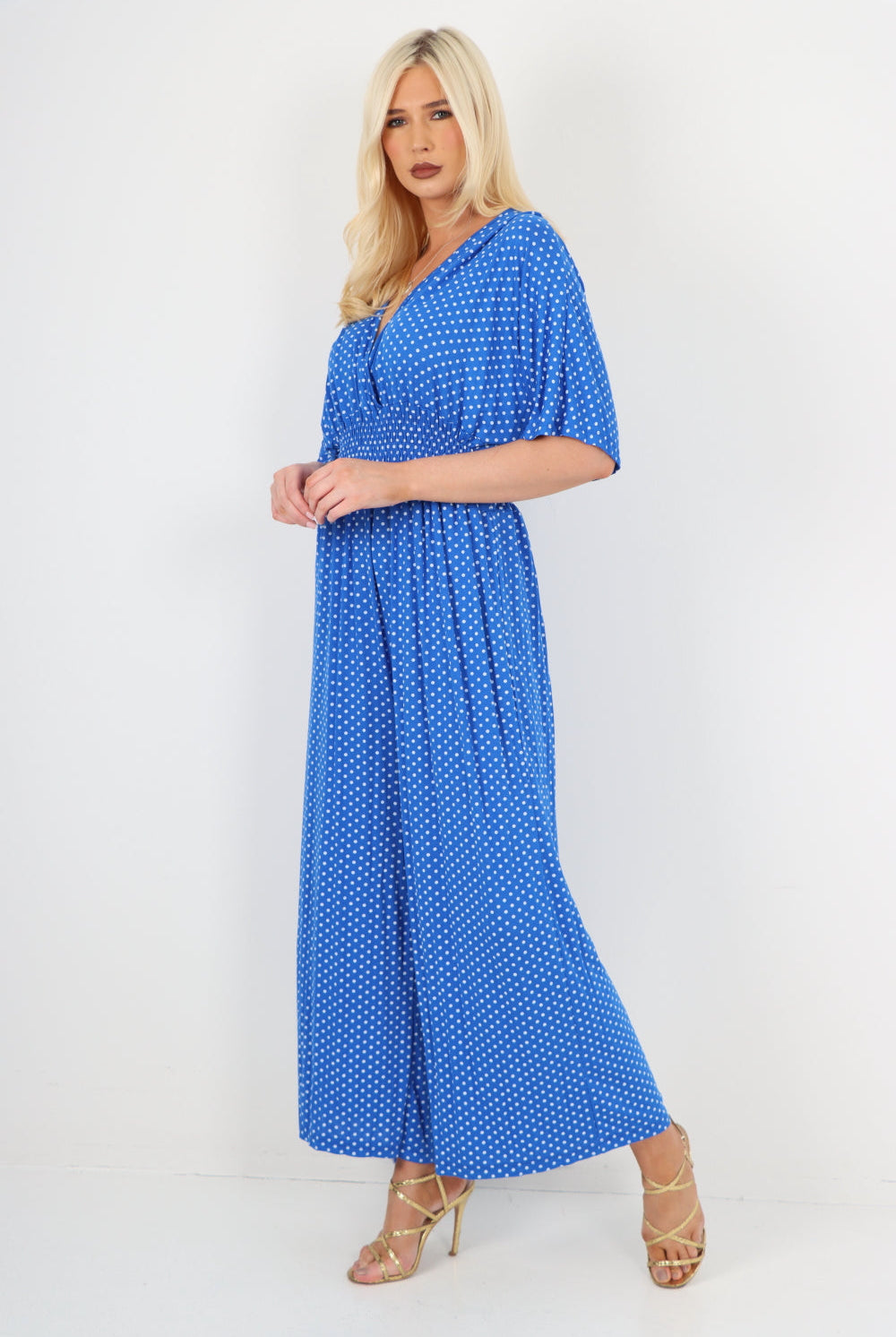 italian polka dot print shirred elasticated waist v neck jumpsuit Jumpsuits & Rompers WearAll