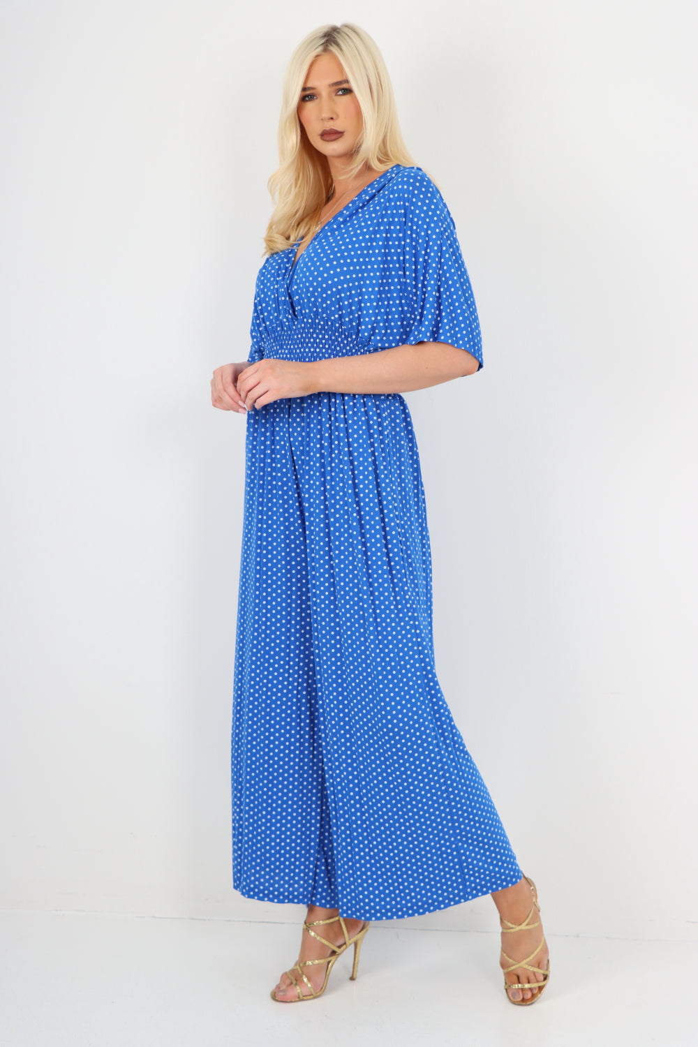 italian polka dot print shirred elasticated waist v neck jumpsuit Jumpsuits & Rompers WearAll
