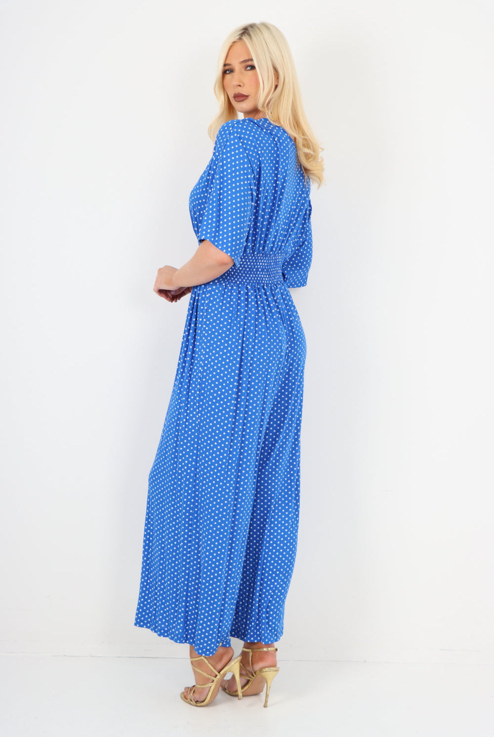 italian polka dot print shirred elasticated waist v neck jumpsuit Jumpsuits & Rompers WearAll